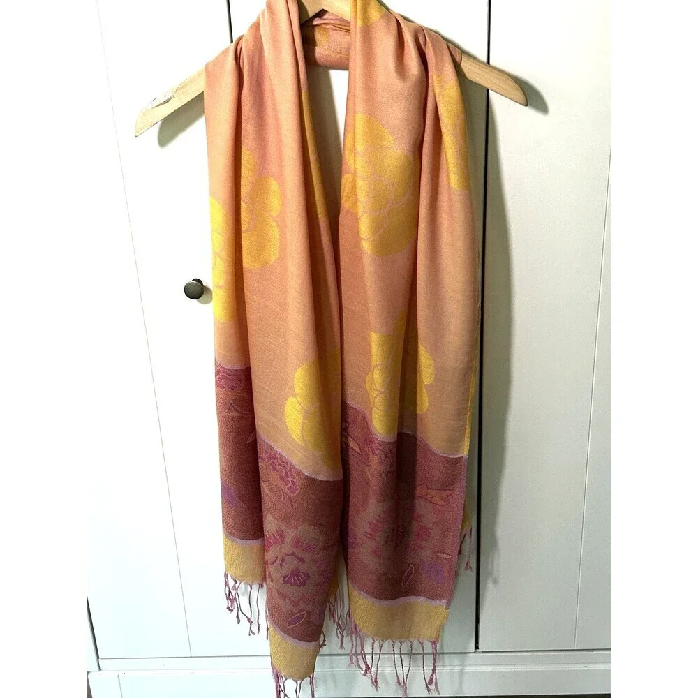 100% Pashmina Wrap Scarf Fringe Floral Print Metallic Thread Accents Preppy